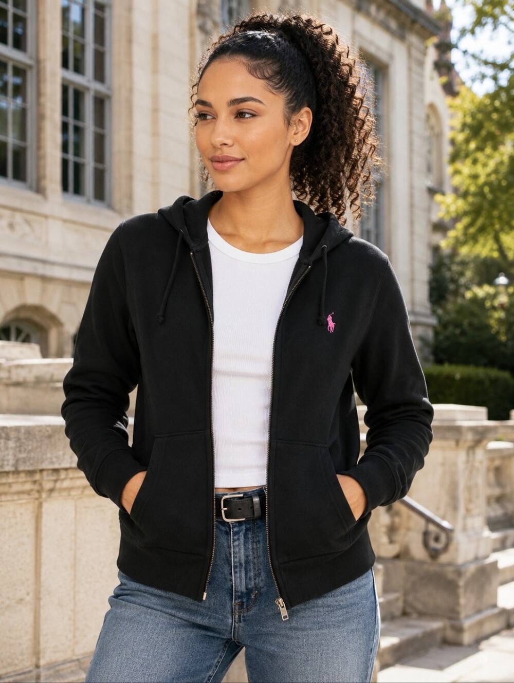Ralph Lauren Sport Black Pink Pony Full Zip Hoodie Women's M Y2K